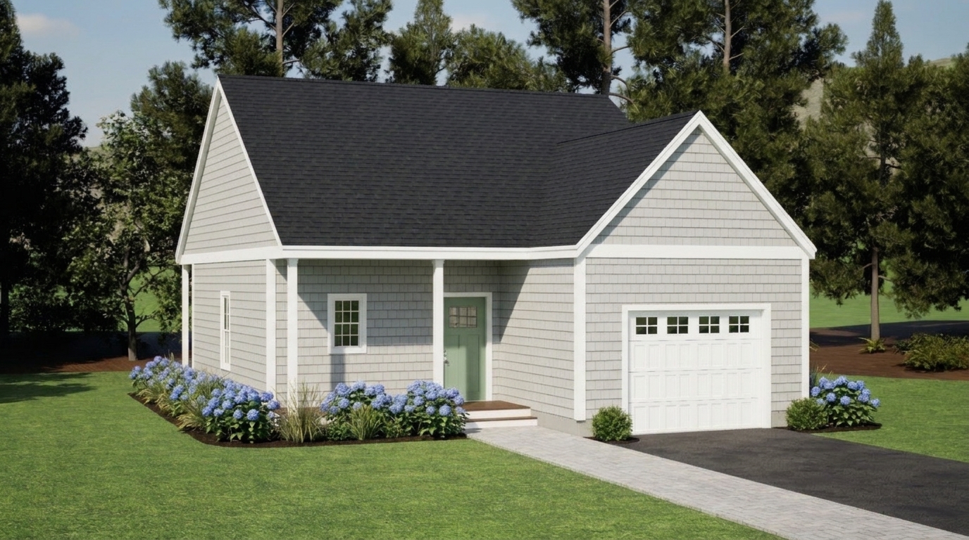 Gray shingles and white trim